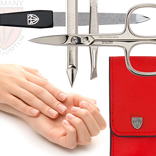 3 Swords Germany - brand quality 3 piece manicure pedicure grooming kit set for professional finger & toe nail care scissors tool genuine leather case in gift box, Made in Solingen Germany (02662) RED