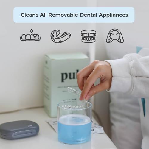 PUL Aligner Care Bundle: Pack of 30 Cleaner Tablets + Gray Aligner Case – For Cleaning & Storing Invisalign, Retainers, Partial Dentures, Mouth & Night Guards, PUL Removal Tool, Dental Removables