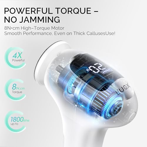 L'UGX Electric Foot Callus Removers –Powerful 8N·cm Torque Professional Pedicure Foot File, 3-Speed Settings, LCD Display, 60pcs Sandpaper Discs, Type-C Rechargeable, Ergonomic Handle-White White - Electric Remover