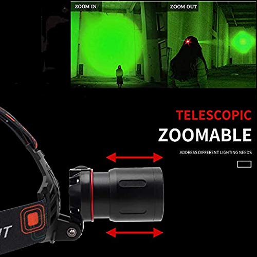 Headlamp Green Light for Hunting Coon Coyotes Hog Predator, PROFORUS 1000 Lumens XML-T6 Headlamp Green LED Rechargeable & Zoomable Green Head Light Waterproof 3 Modes for Night Vision and Hunting