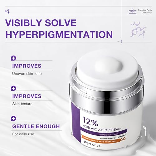 12% Azelaic Acid Cream for Face，Acne Cream，Azelaic Acid Serum for Acne & Post-Acne Marks，Fades Acne Scars & Soothes Skin，Regulates Sebum Production，Suitable for Oily & Acne-prone Skin Care，1.69 OZ