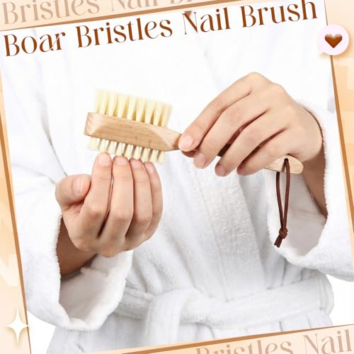 2 Pcs Wooden Nail Brush with Boar Bristles, Double Sided Scrub