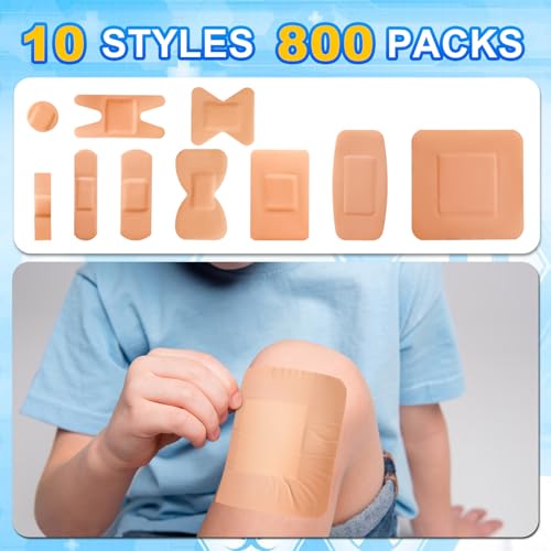 Bandages Variety Pack - 800 Pcs Assorted Bandages Bulk, Large Adhesive Fingertip Bandage, Waterproof Bandage Breathable for First Aid and Protect Wounds (10 Styles) 800 Count (Pack of 1)