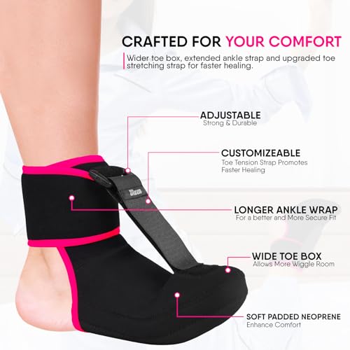 Wixen Plantar Fasciitis Night Splint Quick Relief Plantar Fasciitis Braces for Men Women, Adjustable Night Splint For Plantar Fasciitis Women Men, Achilles Tendonitis Ankle Pain Relief (Pink, Medium) Pink