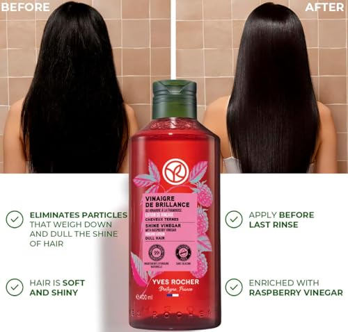 Yves Rocher Raspberry Vinegar Hair Rinse, Shine Rinsing Lotion for Color-Treated and Hard Water Hair Detox, Silicone-Free, Sulfate-Free, 99% Natural Origin, Vegan, Made in France (400 ml/13.6 fl oz)