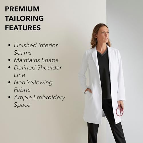 BARCO Grey's Anatomy Scrubs Signature - Penelope Lab Coat for Women, Professional Full-Length 4-Button Long Sleeve 35"- 37" XX-Small White