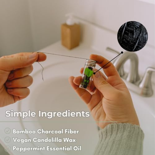 Vegan Biodegradable Bamboo Charcoal Dental Floss with Refillable Glass Container and Dental Floss Refill, 30M x4 | Peppermint Essential Oil | Eco Friendly | Zero Waste Oral Care