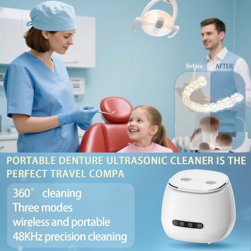 Ultrasonic Retainer Cleaner 48kHz Ultrasonic Cleaner Dental Ultrasonic Retainer Cleaner Machine Dental Cleaning Pod for Denture with Digital Timer, Dual Cleaning Mode for All Dental Appliances (White)