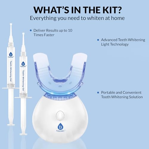 Pursonic Teeth Whitening Kit with 20 Whitening Treatments - Teeth Whitener with 2 Gel Syringes & Led Accelerator Light - Instant Teeth Whitening at Home Remove Stains of Coffee, Smoking & Wine