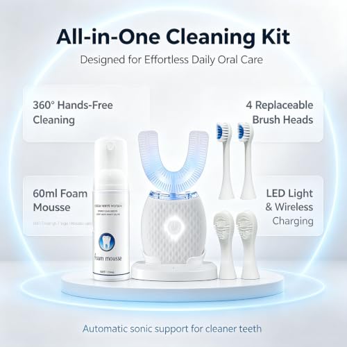 U-Shaped Electric Toothbrush for Adults, 360° Hands-Free Sonic Teeth Cleaner Kit with 4 Brush Heads, 60ml Foam Mousse, LED Light & Wireless Charging Base, Automatic Ultrasonic Toothbrush, White