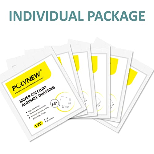 Silver Calcium Alginate Dressing, 4”x4”-6 Individual Package Highly Absorbent, Non-Adhesive, Painless Removal Ag Alginate Wound Bandage for Burns, Ulcers, Abrasions, Pressure Sore Silver Calcium Alginate 4"x4" (6 Pcs/Box)