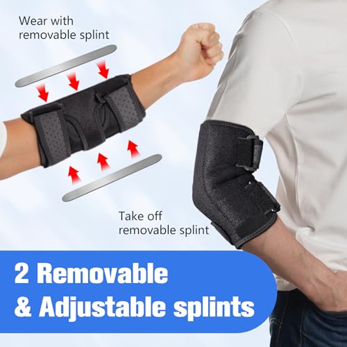 Cozyhealth Elbow Brace Comfortable Night Sleep, Cubital Tunnel Syndrome, Ulnar Nerve Entrapment with Compression Sleeve Immobilizer, 2 Removable Metal Splints Pain Relief for Men and Women (Medium) Medium