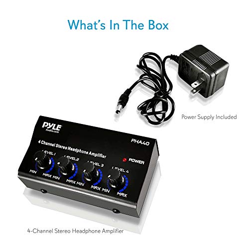 4-Channel Portable Stereo Headphone Amplifier - Professional Multi Channel Mini Earphone Splitter Amp w/ 4 ¼” Balanced TRS Headphones Output Jack and 1/4" TRS Audio Input For Sound Mixer - Pyle PHA40 BLACK 6X6X5