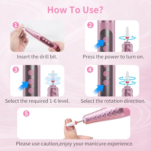 Cordless Electric Nail File with Safety Pause Function,FyndAna Portable Nail Drill Set for Crystal Gel Dip Powder Nails,Rechargeable Manicure Pedicure Tools Polish Set,Pink