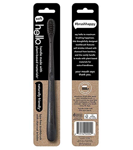 Hello Charcoal Infused Soft Bristle Toothbrush, Black, BPA Free, Vegan, Plant Based Handle, 1 Count (Pack of 6)