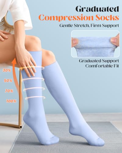 LEVSOX Cotton Compression Socks for Women Men 20-30 mmHg Knee High Cute Support Sock for Nurses Flying Pregnancy Medium-Large 4 Pairs-striped 1