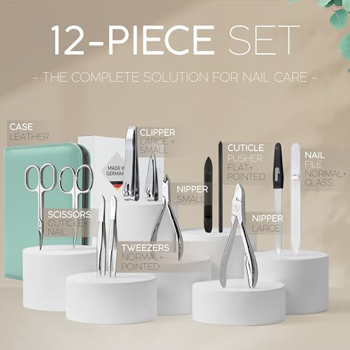 Manicure Set Women and Men – 12-Piece Professional Grooming Kit with Premium Tools, Genuine Leather Case, and exclusive Glass Nail File for Hand & Foot Care, German Quality