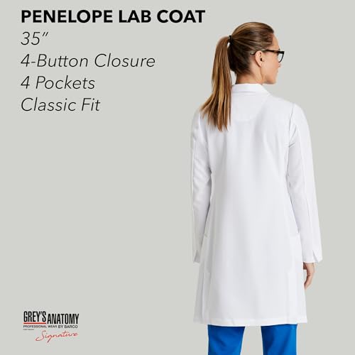 BARCO Grey's Anatomy Scrubs Signature - Penelope Lab Coat for Women, Professional Full-Length 4-Button Long Sleeve 35"- 37" XX-Small White