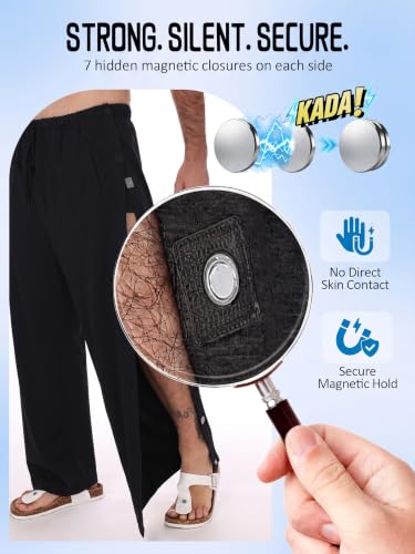 Men's Magnetic Tear Away Side Snap Open Pants Catheter Adaptive Post Surgery Knee Ankle Rehab Pants for Recovery Wear Small Black