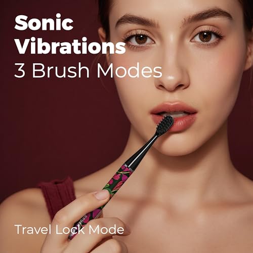 MIPOW Brush GO SlimPro i4 Electric Toothbrush Rechargeable Smart Ultra Sonic 3 Modes, Travel Case & Ceramic Dock, 60Day Battery Soft Bristles 2 Heads IPX7 Waterproof, Color-TropicVibe