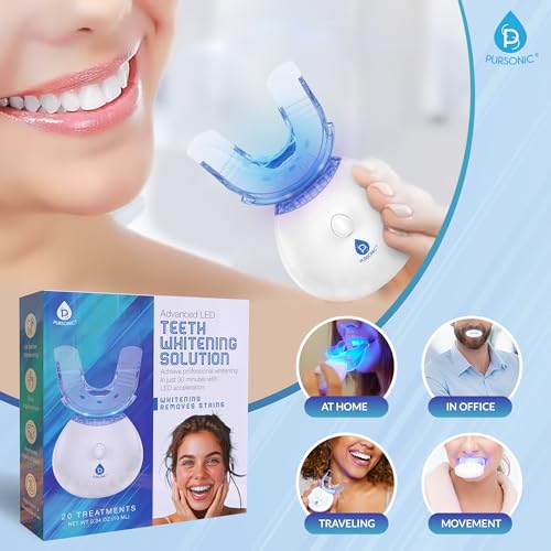 Pursonic Teeth Whitening Kit with 20 Whitening Treatments - Teeth Whitener with 2 Gel Syringes & Led Accelerator Light - Instant Teeth Whitening at Home Remove Stains of Coffee, Smoking & Wine