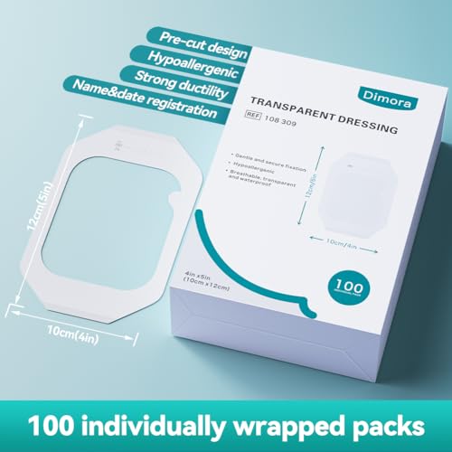 Dimora Waterproof Transparent Film Dressing, Clear Bandage Tape for Wound Care, Adhesive Post Surgical Cover Pad，for IV Shield, Tattoo Aftercare, Shower Protector 4x4 3/4 inch 100 Packs 4"x 4.75"(100 PCS)
