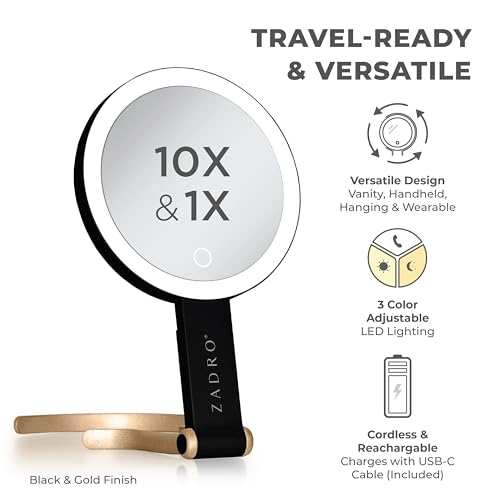 Zadro LED Lighted Makeup Mirror, 2-Sided with 1x & 10x Magnification, Rechargeable Portable Vanity Mirror with 3 Dimmable Color Settings, Handheld & Hands-Free Design, 6.25 Inch (Black/Gold) Black/Gold