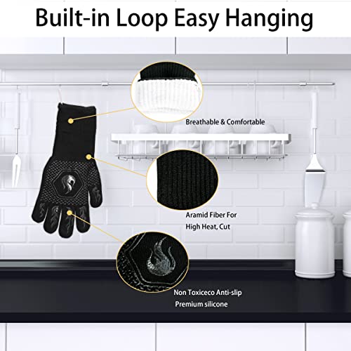 BBQ Gloves 1472F Heat Resistant Non-Slip Silicone 13.5in (Black) Black