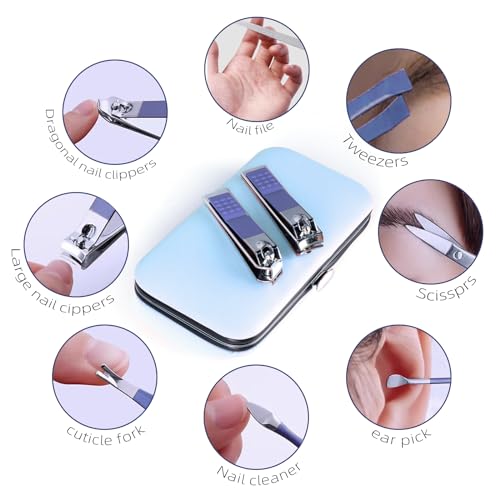 Manicure Set 8 in 1 Nail Clipper Set,RedFlow Nail Clippers,Fingernail & Toenail Clippers,Manicure Tools,Pedicure Tools,Suitable for Travel Manicure Kit,Nail Set Kit with Everything Profe (Blue) Blue