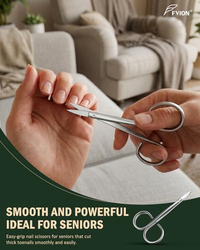 FVION Thick Toe Nail Scissors for Seniors – Precision Nail Scissor for Thick & Ingrown Nails, Stainless Steel Toenail and Fingernail Scissors with Ergonomic Handle (Silver) Silver