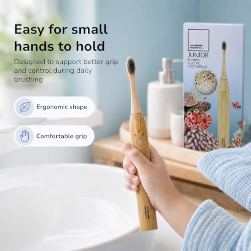 Sustainable Tomorrow Junior Bamboo Electric Toothbrush for Kids Ages 3+ – Gentle Vibrating Toothbrush with Soft Bristles | 2-Minute Timer | Ergonomic Handle | Eco-Friendly, Plastic-Reduced Design