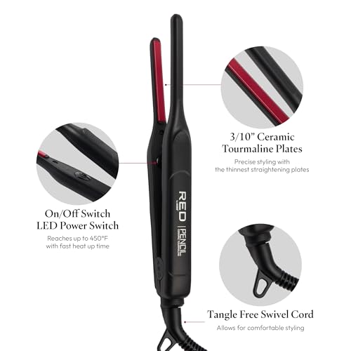Red by Kiss Pencil Flat Iron, 0.3 Inch Tourmaline Ceramic Mini Hair Straightener, Up to 450°F for Short to Medium Hair, Pixie Cuts, Bangs & Edges, Includes Travel Pouch & Heat-Resistant Glove