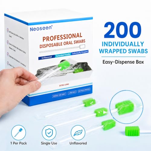 Oral Swabs Disposable 200 Count, 6-Inch Long Handle Soft Sponge Mouth Swabs Green