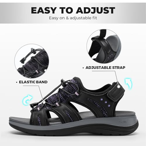 FitVille Women's Orthopedic Wide Sandals with Arch Support Breathable Adjustable Strap Comfortable Walking Sandals For Plantar Fasciitis, Swollen Feet 11 Wide Black