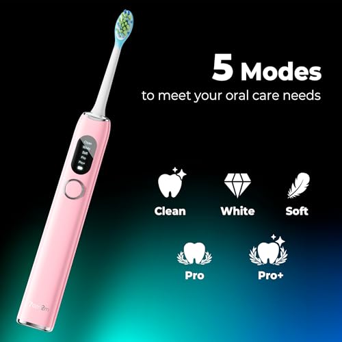 7AM2M Ultrasonic Electric Toothbrush for Adults&Teens with LED Screen, 5 Modes, One Charge for 365 Days, with 8 Brush Heads and Travel Case (Pink)