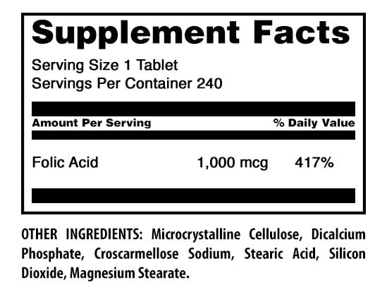 Amazing Formulas Folic Acid 1000 Mcg (1 Mg) | 240 Tablets Supplement | Vitamin B9 | Non-GMO | Gluten Free | Made in USA Unflavored - 240 Count
