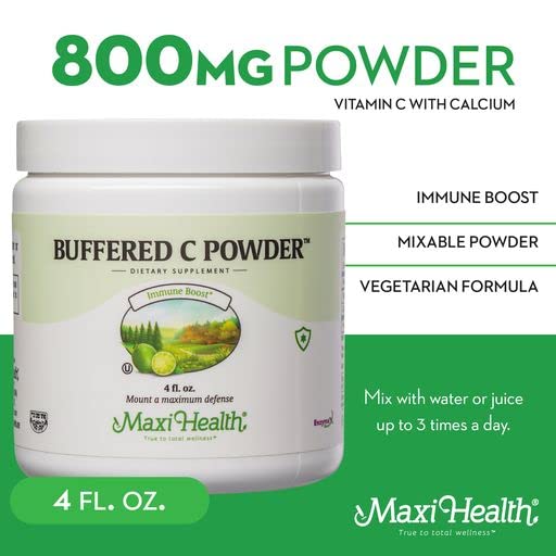 Maxi Health® Vitamin C Powder, Buffered & Stomach-Friendly (4 Oz) | Kosher | Buffered Vitamin C Powder | Gentle, Stomach-Friendly Immune Support | Vegan | Doctor Formulated