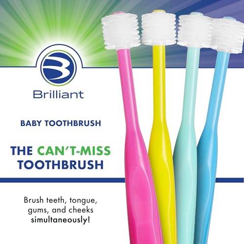 Brilliant Oral Care Bundle; 3 Pack of Baby Toothbrush - Blue Mint Yellow, 1 Pack of Child Toothbrush - Pink with Soft Bristles Round Head, Kids Fluoride Free Toothpaste, Spry Gel with Xylitol
