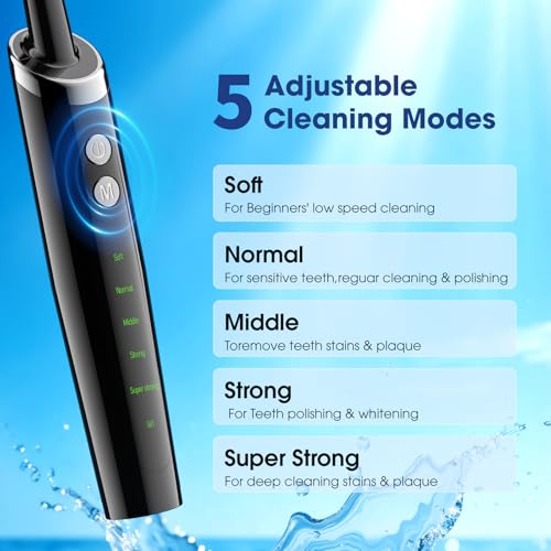 Tooth Polisher Plaque Remover for Teeth, Whitening Kit with 10 Brush Heads & 6 Polishing Pastes, 5 Smart Modes to Effectively Remove Stains, Yellowing and Plaque, Rechargeable, Black 1 count (Pack of 1) 1 Count (Pack of 1)