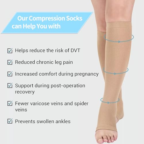 Medical Compression Socks for Women and Men, 23-32 mmHg , Open Toe, Knee High Length Compression Stockings for Varicose Veins, DVT, Edema, Running, Nursing M