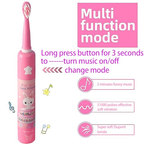 OJV 8620 Musical Electric Toothbrushes for Kids Children, 3 Modes 2 Min Timer, 6 Bristles Rechargeable Power Smart Sonic Music Play Song Toothbrush for Girls Age 3-14 with Wall Mounted Holder (Pink) Pink