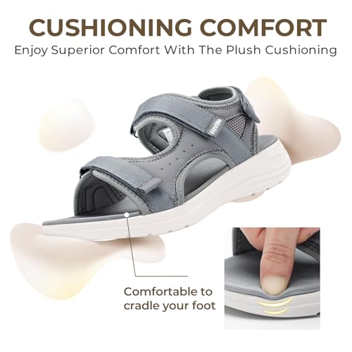 FitVille Wide Orthopedic Women's Sandals Wide Width Walking Sandals for Women Plantar Fasciitis & Swollen Feet with Adjustable Ankle Strap 8 Wide Grey