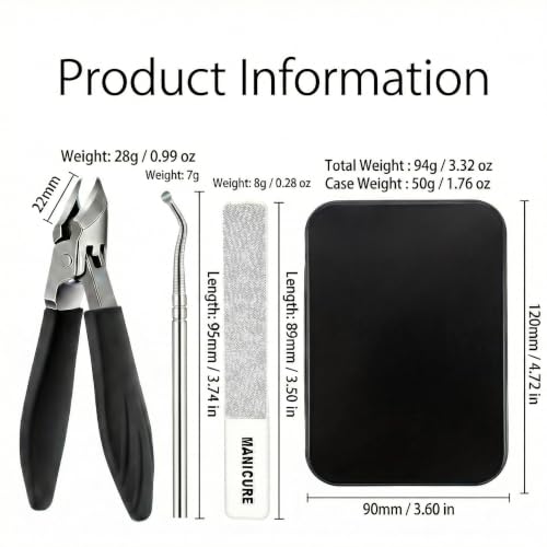 Nail Clippers Set for Seniors Thick Toenails, Ingrown 30° Slanted Eagle-Beak Clipper with Wide Jaw Opening, Anti-Splash Catcher, Long Handle Stainless Steel Kit for Men Women Adults Black