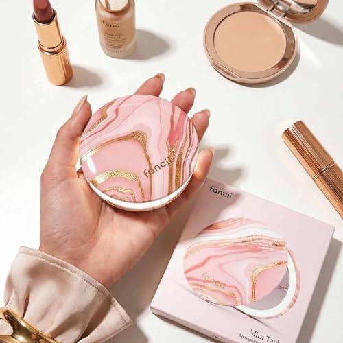 Fancii Mini Taylor Compact Magnifying Mirror with LED Light, 10x/1x, Rechargeable, 3 Light Settings, Dimmable - Small Lighted Travel Handheld Mirror for Pocket, Handbag, Purse, 2-Sided (Marble Rose) Marble Rose