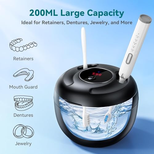 Dental Ultrasonic Retainer Cleaner Machine - 45kHz Dental Cleaning Pod with 4 Modes, Digital Timer & 200ML Capacity for Denture, Mouth Guard, Aligner, Night Guard, Braces, Toothbrush Head & Jewelry