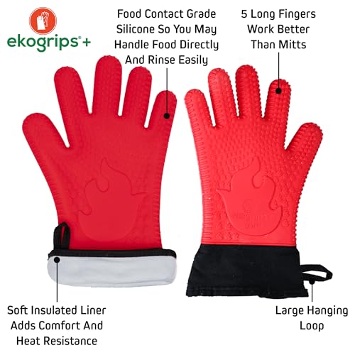 Ekogrips Plus Oven Gloves with Fingers, Comfy Waterproof Silicone Oven Mitts Heat Resistant with Long Cuff, Insulated BBQ Gloves Perfect for Grilling, Baking, Smoker, Canning, Pizza, Red, Hot Mitts OSFM