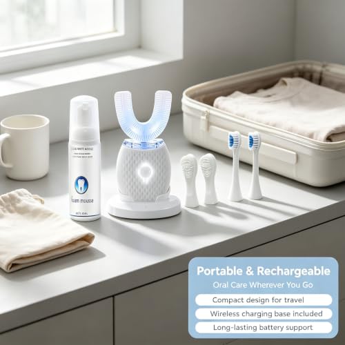 U-Shaped Electric Toothbrush for Adults, 360° Hands-Free Sonic Teeth Cleaner Kit with 4 Brush Heads, 60ml Foam Mousse, LED Light & Wireless Charging Base, Automatic Ultrasonic Toothbrush, White