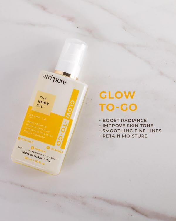 AFRI Pure Body Oil - Glow-to-Go 180ml, Skin Moisturizer with Vitamin C, Vitamin E, and Marula, Boosts Radiance and Improves Skin Tone