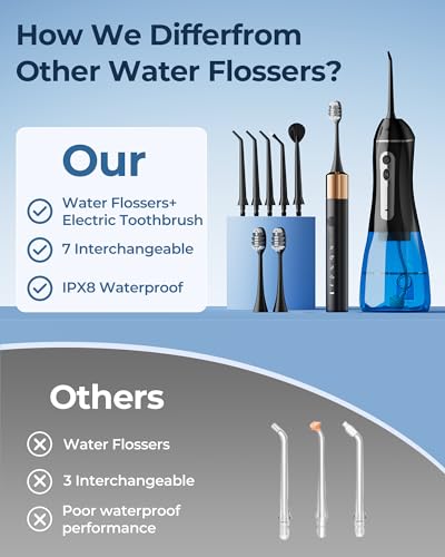 Electric Toothbrush with Water Flosser for Teeth, Sonic Electric Toothbrush and Electric Floss for Adults and Kids, Water Dental Picks, Cleaning and Flossing Dental Care, Waterproof Blacks
