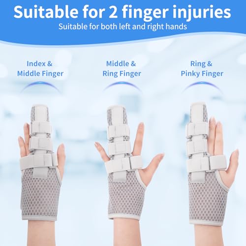 2 Finger Brace for Adjacent Injured Fingers, Adjustable Splint for Index Middle Ring Little Fingers, Carpal Tunnel Wrist Brace for Night Support, Relief for Trigger Finger & Arthritis, Breathable Honeycomb Fabric (Grey,Two) 2 fingers